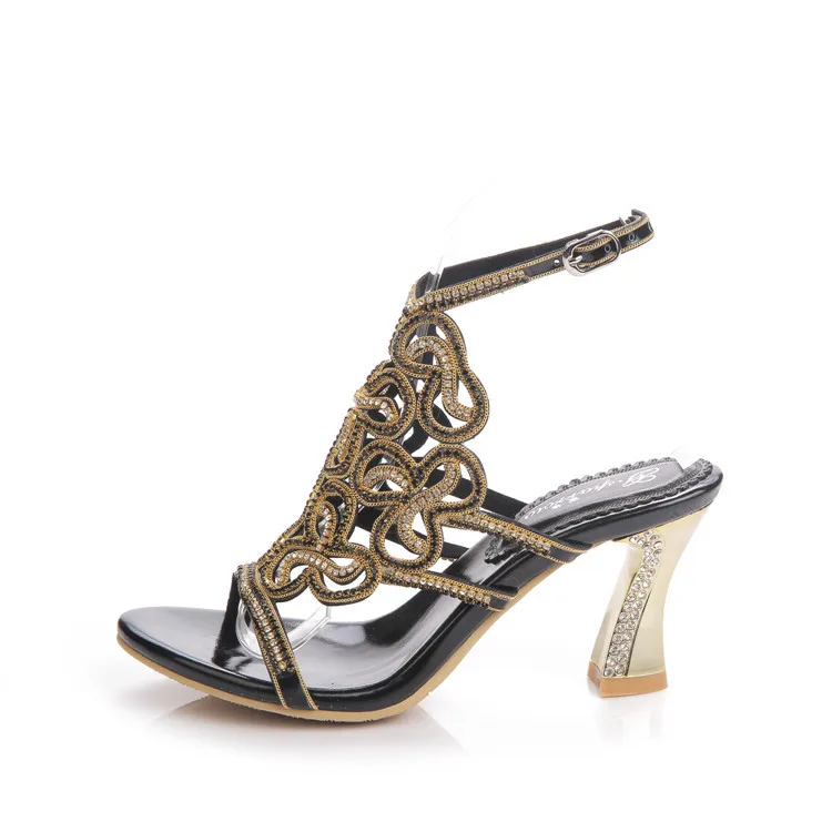 2016 Summer New Diamond Sandals Female Chunky Heeled High Heels Crystal Fashion Womens Large Size Shoes 11 Gold Silver Black-17