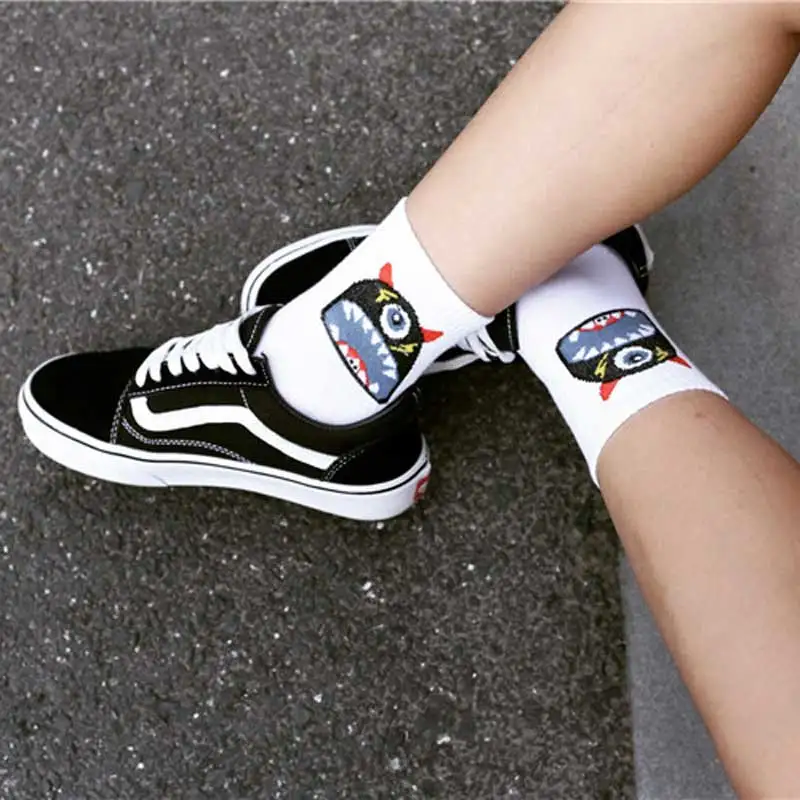 Хлопковые женские носки с мультяшным забавным монстром в стиле Харадзюку, скейтборд, классные забавные толстые зимние носки до лодыжки, милые хлопковые носки для скейтборда