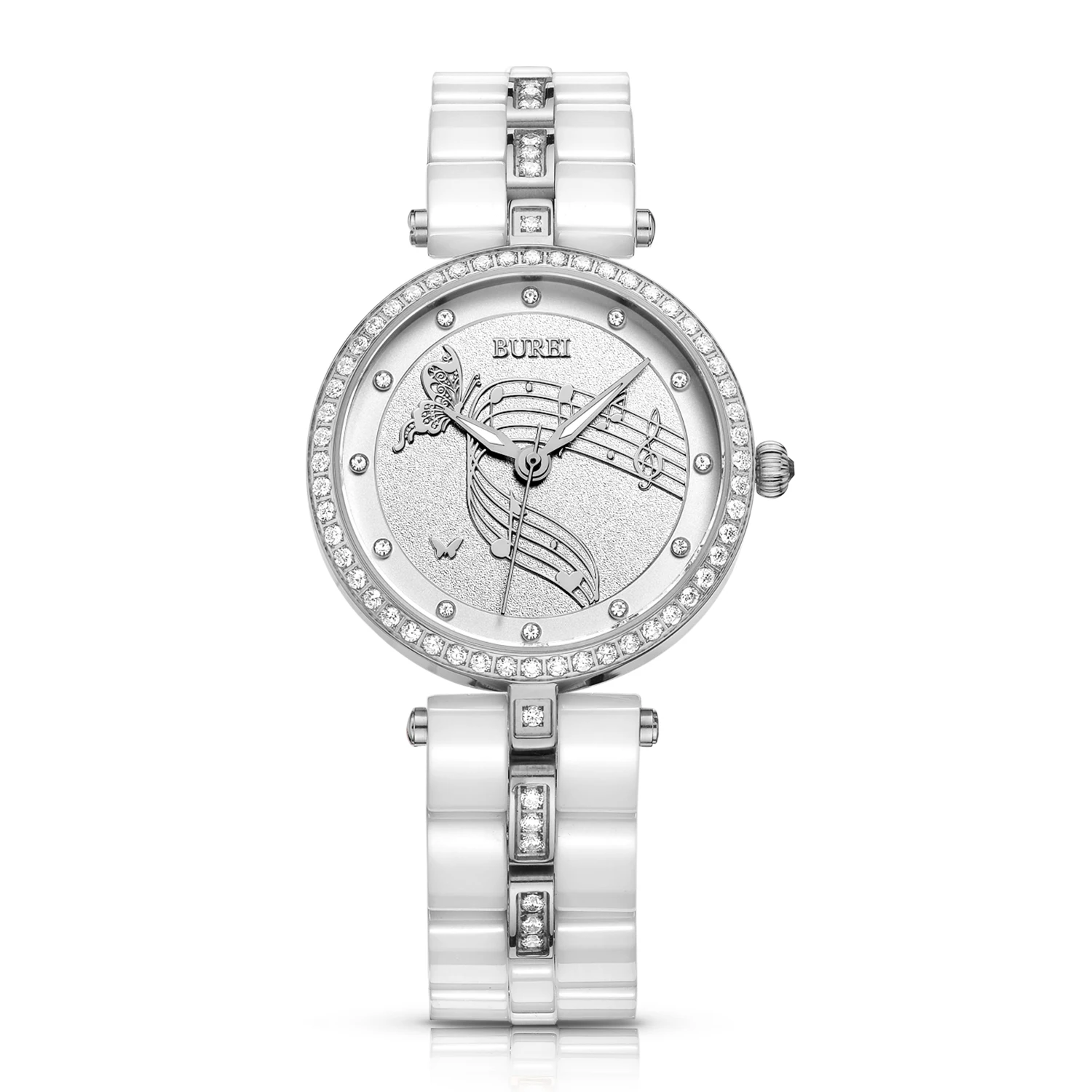 ФОТО BUREI 3029 Switzerland watch Women Watches Silver Lens Clock Female New Gold Quartz Wristwatches With White Ceramic Bracelet