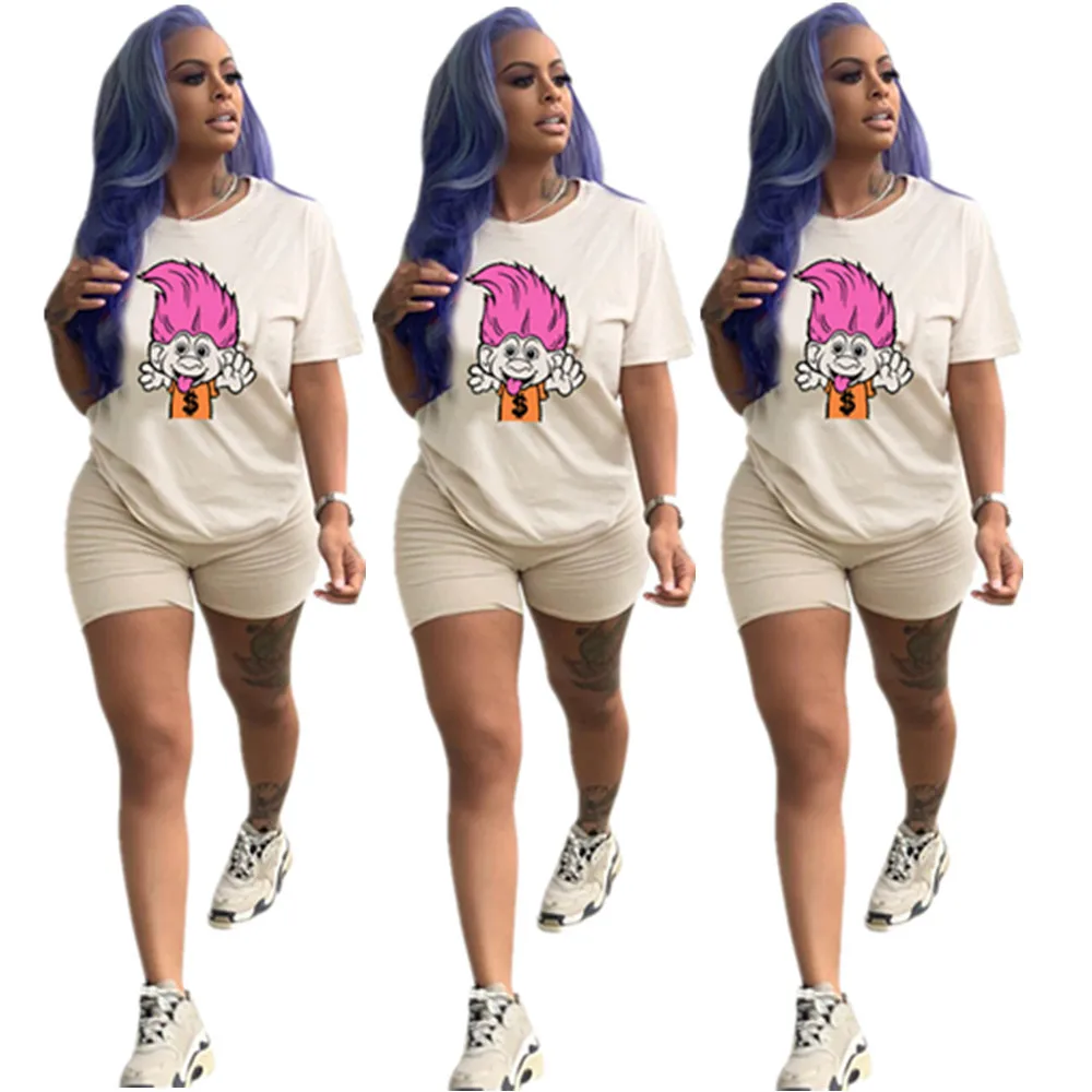 

2019 women summer cartoon print short sleeve o-neck tee top & shorts suit two piece set fashion active wear tracksuit DN8231