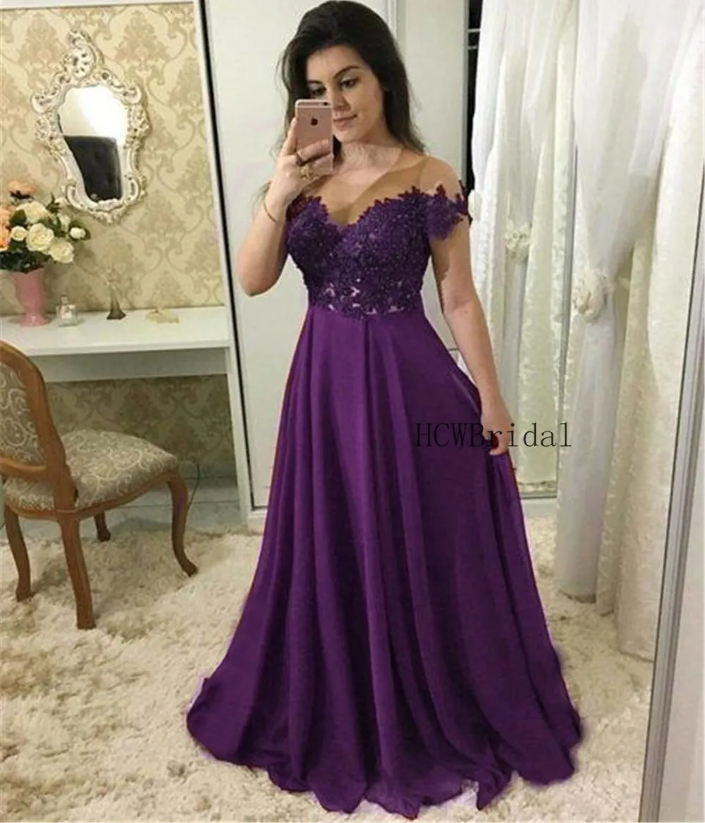 

Elegant Purple Chiffon Long Evening Dress Short Sleeve A Line Appliques Floor Length Formal Occasion Dresses 2019 Robe De Soiree