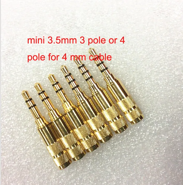 10pcs mini 3 5mm 3 pole or 4pole Gold plated copper plug for 4mm Tail hole cable audio connector headphone adapter free shipping