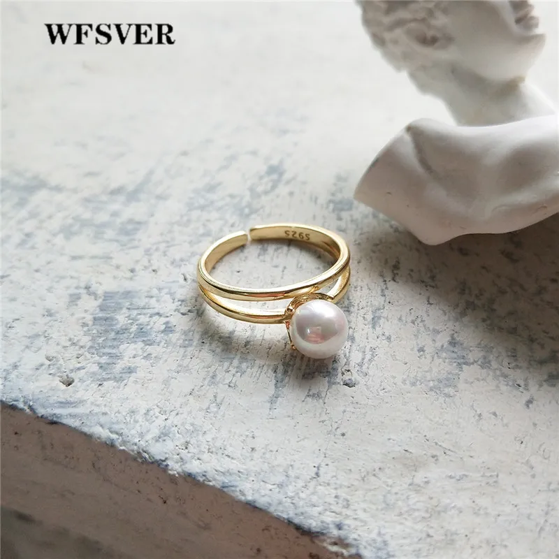 

WFSVER korea style 925 sterling silver ring for women fashion gold color multi-layer pearl opening adjustable ring fine jewelry