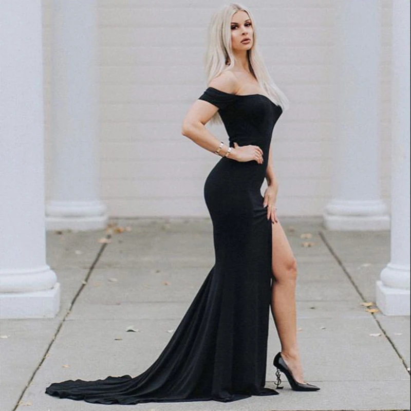 

Long Train Black Off Shoulder Leg Split Front Evening Gown Dress Slash Neck Prom Dress Padded Stretch Floor Length Dress