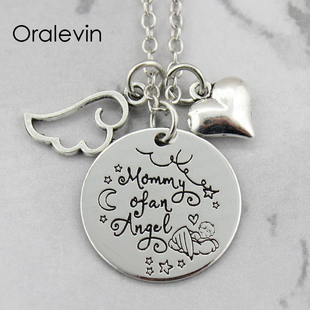 

MOMMY OF AN ANGEL Inspirational Hand Stamped Engraved Custom Charms Pendant Necklace Gift For Daughter Jewelry #LN1708