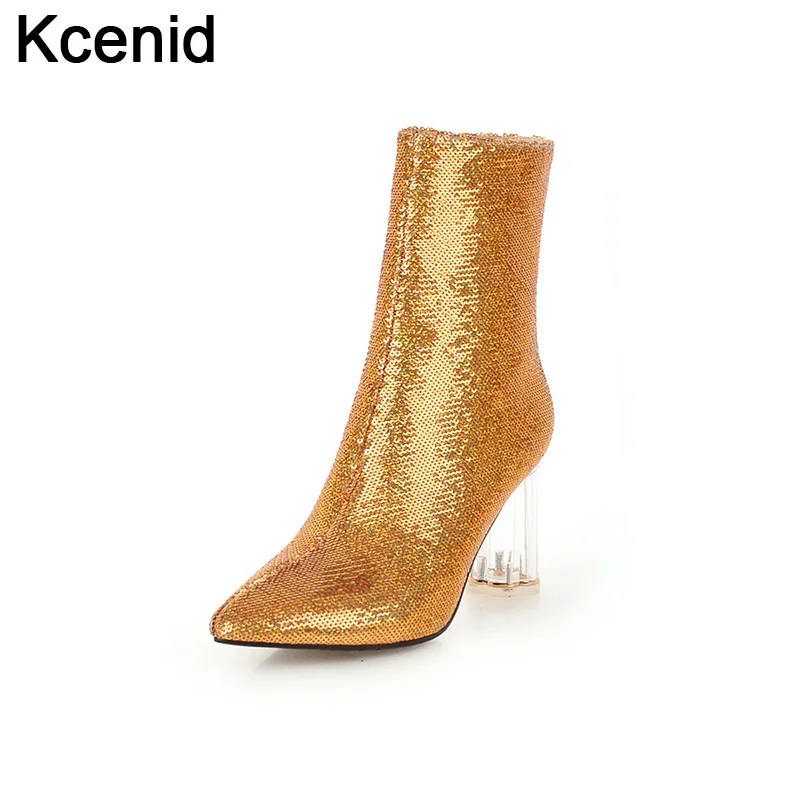 

Kcenid New fashion sequined cloth clear transparent high heel boots women pointed toe zipper ankle boots warm winter shoes gold