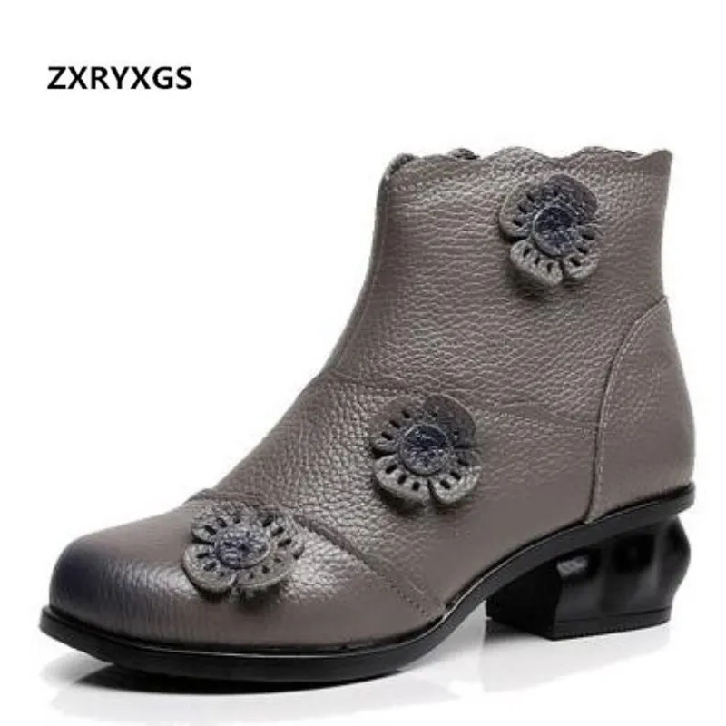 

ZXRYXGS Brand Shoes Handmade Flower Women Fashion Shoes Ankle Boots 2018 Newest Autumn Winter Genuine Leather Boots Women Boots