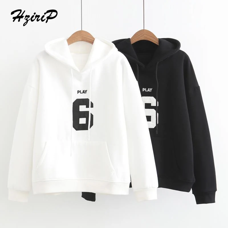 HziriP Autumn Winter New Hooded Digital Letter Loose