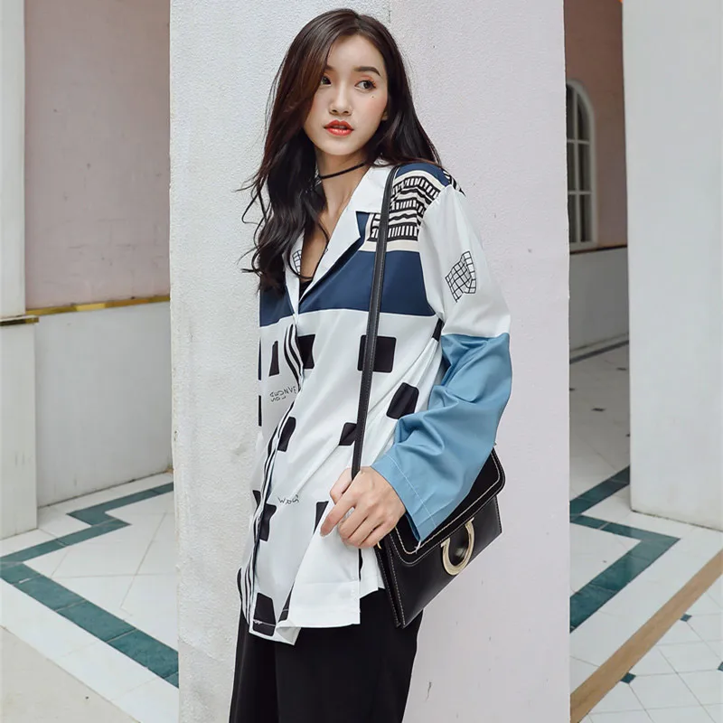 

TREND-Setter 2018 Summer Tasteful White Chiffon Blouse Women Casual Loose Street Style Geometric Shirt Ladies Long Sleeve