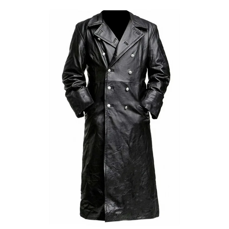 Oeak Men Vintage Long Leather Jacket Black Punk PU Outwear Retro Gothic Long Jacket Double-breasted Classic Leather Coat