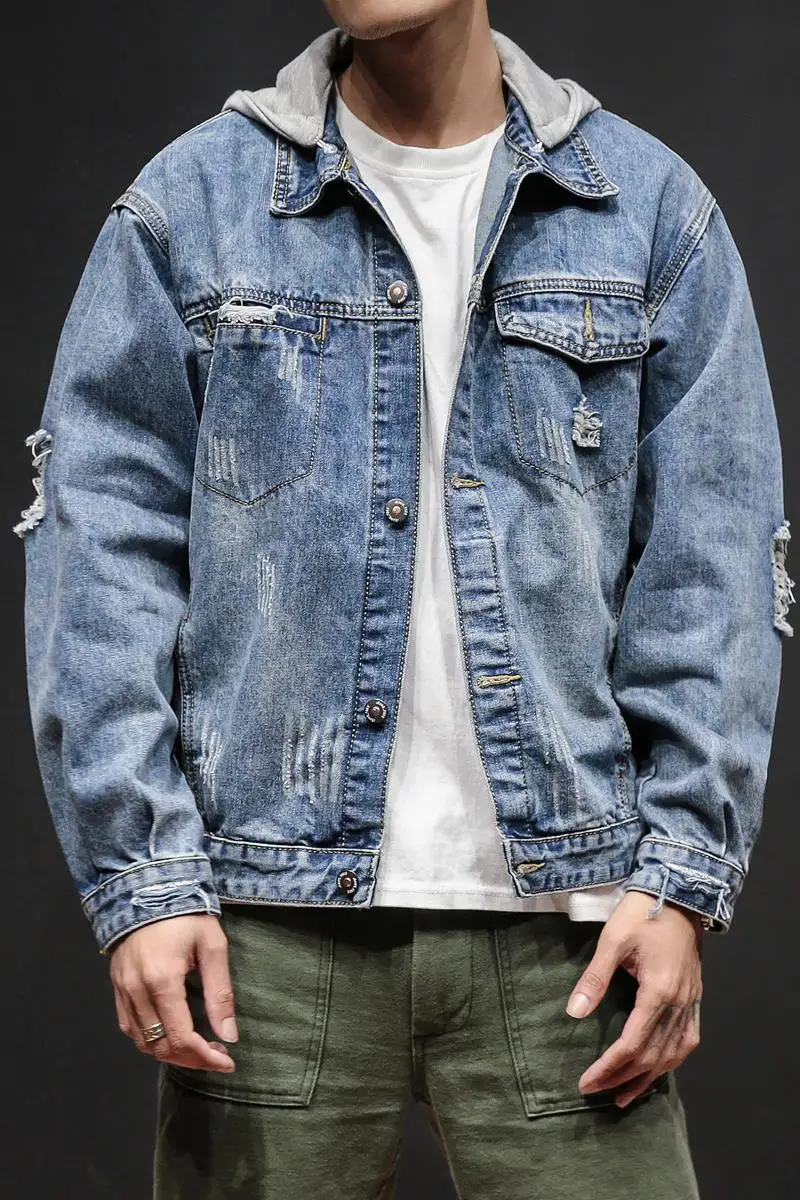 MODOQO Mens Denim Jacket Long Sleeve Casual Button Down Collar Jeans Coat for Autumn Winter 