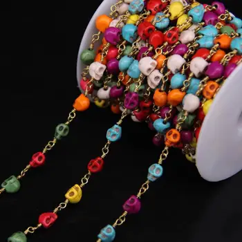 

5Meter,Multicolor Turquoises Skull Beads Rosary Chain,Mixed color Turquoises Brass Wire Wrapped Chains DIY Halloween Jewelry