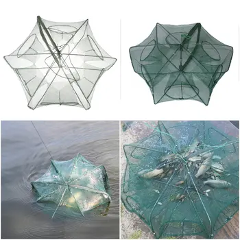 

New 6 Holes Fish Trap Shrimp Catcher Tank Cages Mesh Nets Folded Portable Hexagon Fishing Net Network Casting Crayfish Catcher