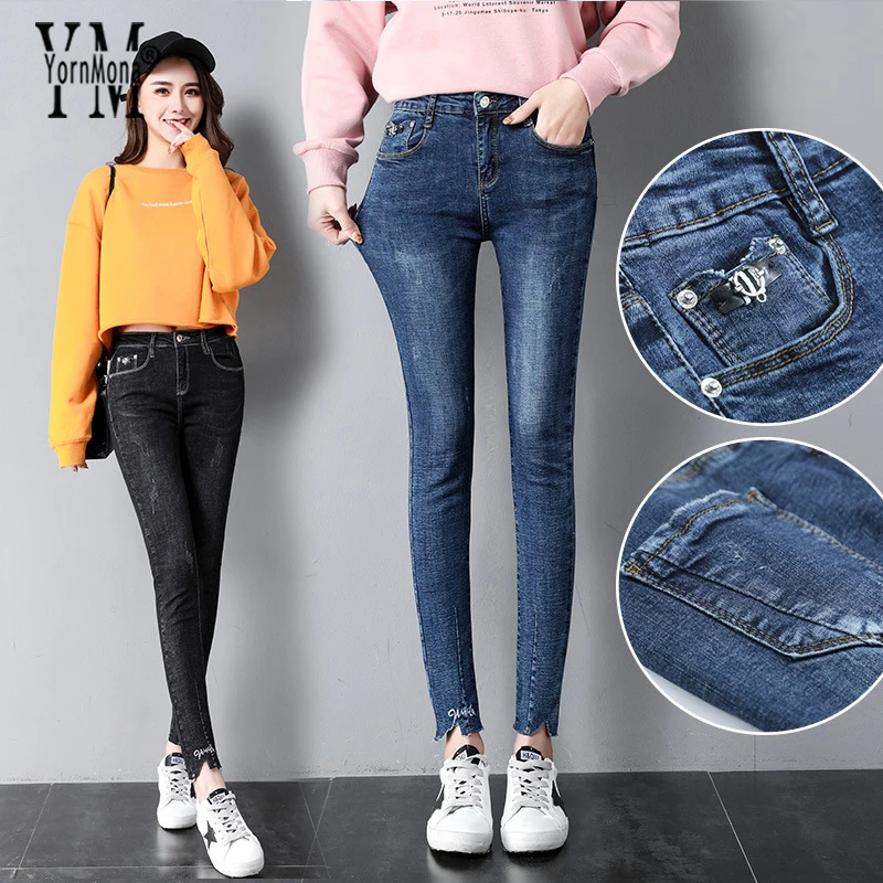 

YornMona Basic Embroidery Cuff Jeans Fashion 4 Season Women Mid Waist Jeans Casual Mom Style Pencil Jeans Denim Pants