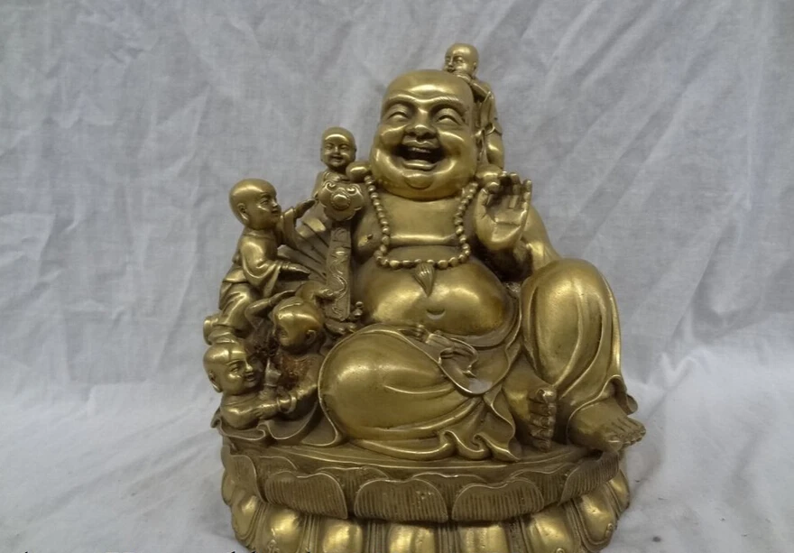 

S4868 11" Chinese Pure Brass 5 Kid Child Lotus RuYi Happy Laugh Maitreya Buddha Statue D0318
