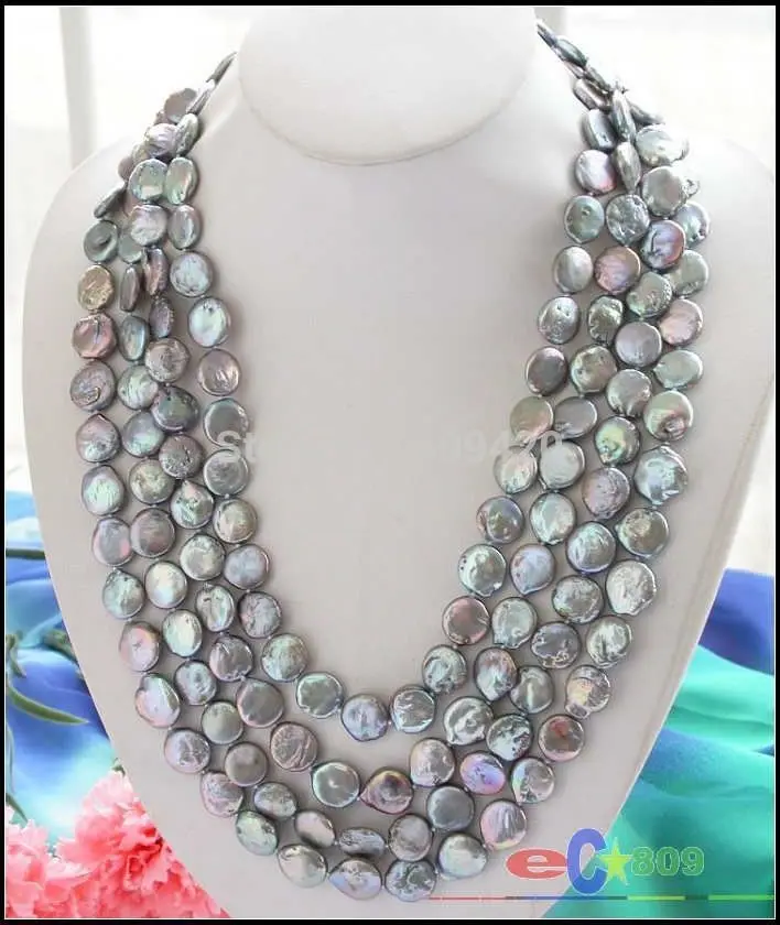 

~~ fast Shipping >>>Long 100" 14mm gray coin freshwater pearl cultured necklace