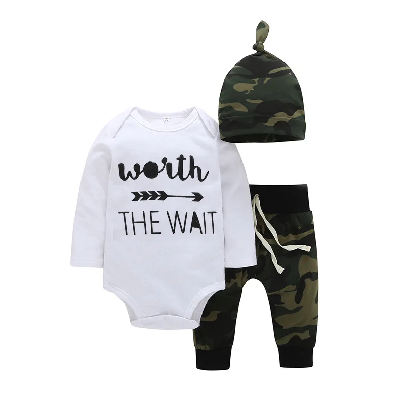 

Baby boy girl costume suit Drop shipping Worth The Wait Bodysuit+ Camouflage green pants+Hat 3pcs Autumn Baby clothing