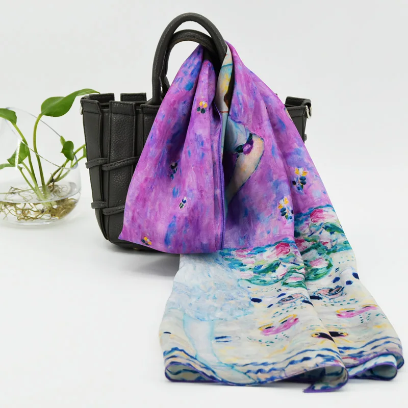 Yilijin натуральный шелковый шарф для женщин Климт известный масляные краски цифровая печать Искусство Шелковый платок и обертывание 160x45 см