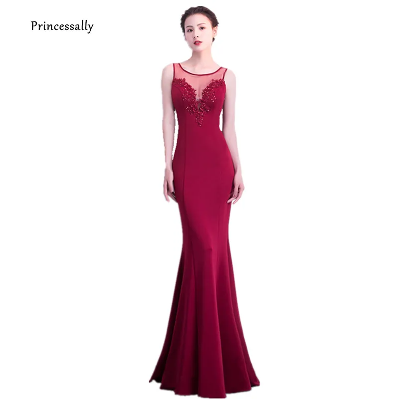 

Mermaid Evening Dress Burgundy Appliques Beading Sexy Illusion Back Elegant Long Prom Party Gown Robe De Soiree Vestido Largo