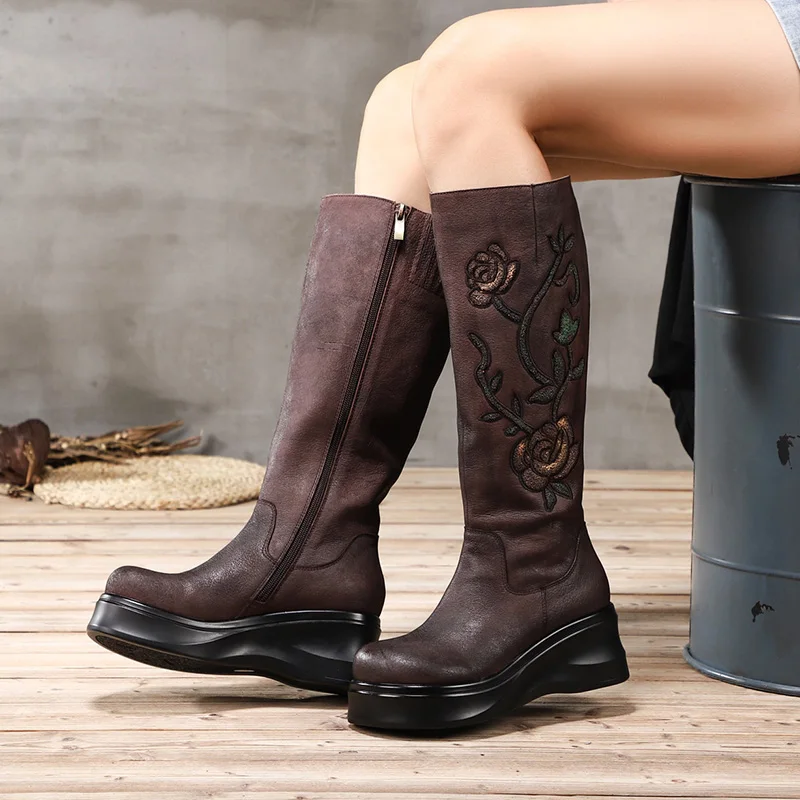 

2018 VALLU Genuine Leather Women Long Boots Round Toes Ladies Shoes Knee High Boots Handmade Flower Platform Wedges Female Boots