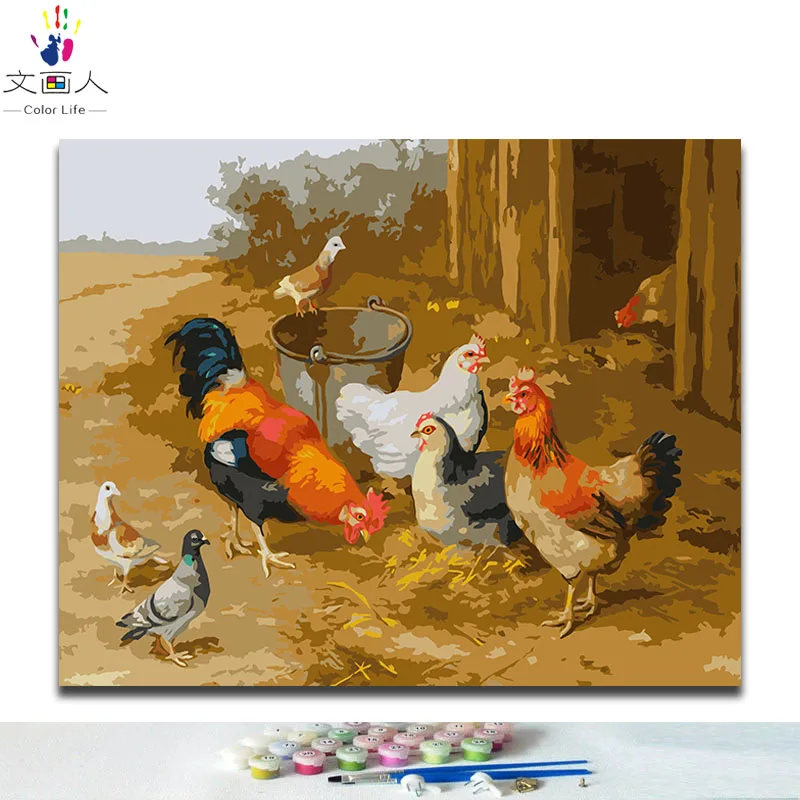 

Animal farmhouse Chicken flock pictures diy coloring paints by numbers with colors on canvas numbers paintings by numbers framed