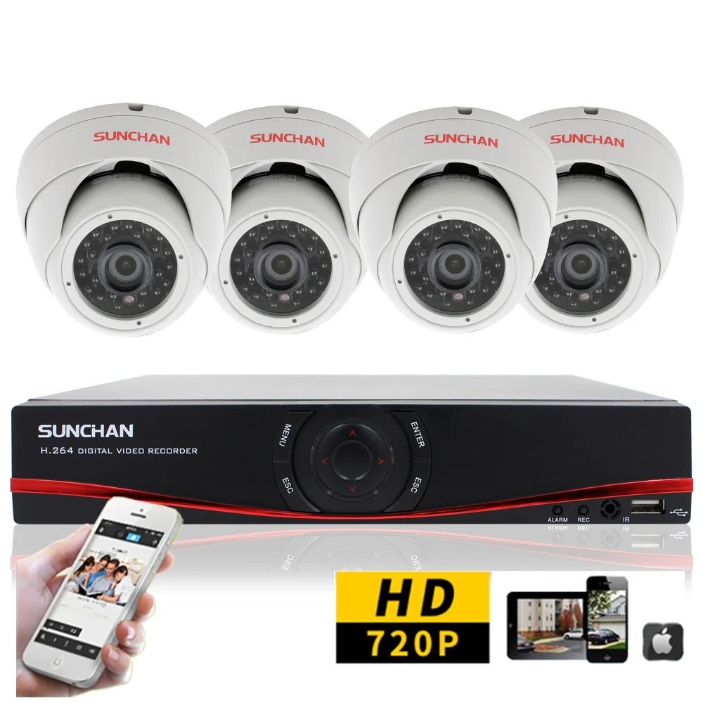 SUNCHAN 8CH CCTV System 4*1200TVL HD 1080N Indoor Metal Dome Security Camera Home Video Surveillance System 3G/4G Free APP View