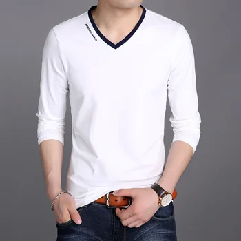 

Europe New 2018 Spring Men's Fashion Loose V Neck Long Sleeve Solid Cotton T Shirt Tops Male Casual Shirt Tees Plus Size Paten