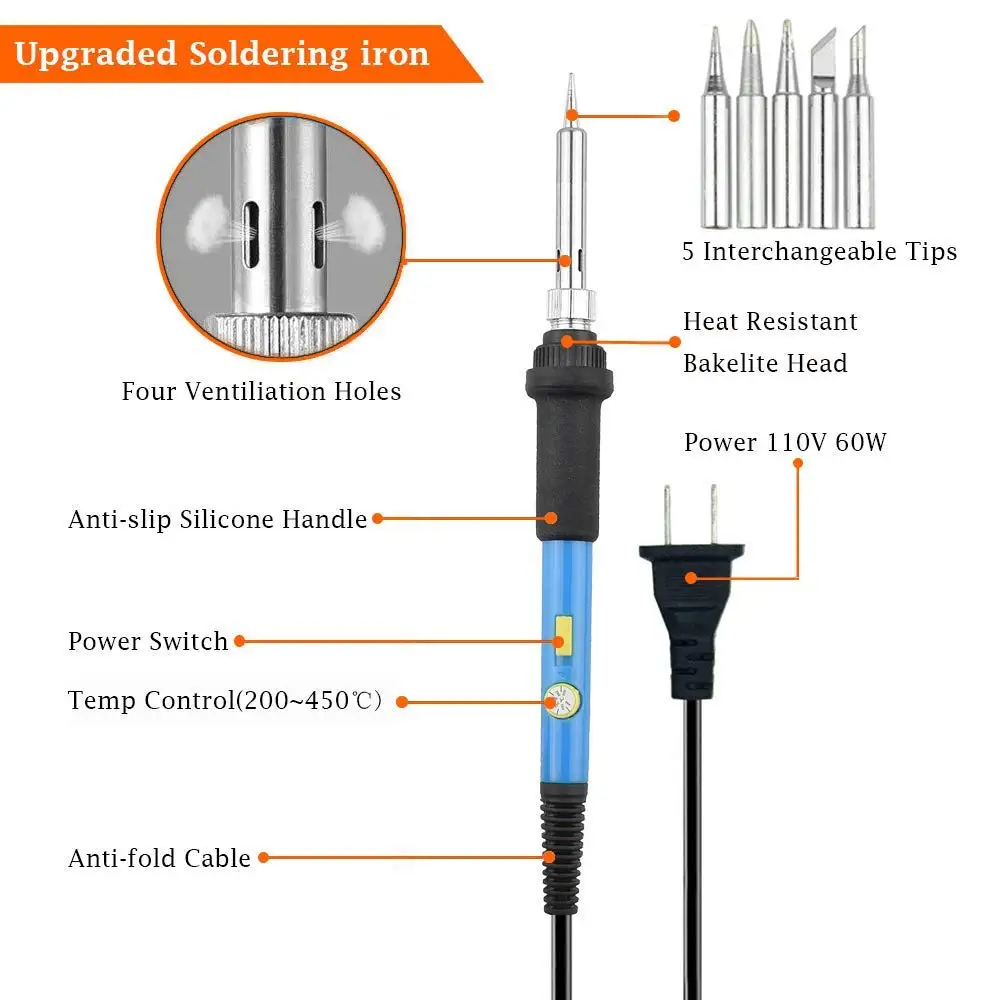 Toolour 33 in 1 Electric Soldering Iron Kit US/EU 60W Switch Adjustable Temp Welding Tool Set 100-240V 20W Glue Gun with Toolbox