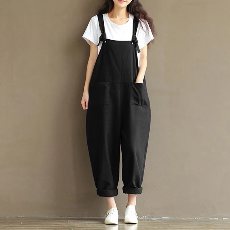 2018 Summer Rompers Womens Jumpsuit 5XL 4XL 3XL Plus Size Overalls Cotton Linen Long Pants Dungarees Black Casual Loose Trousers