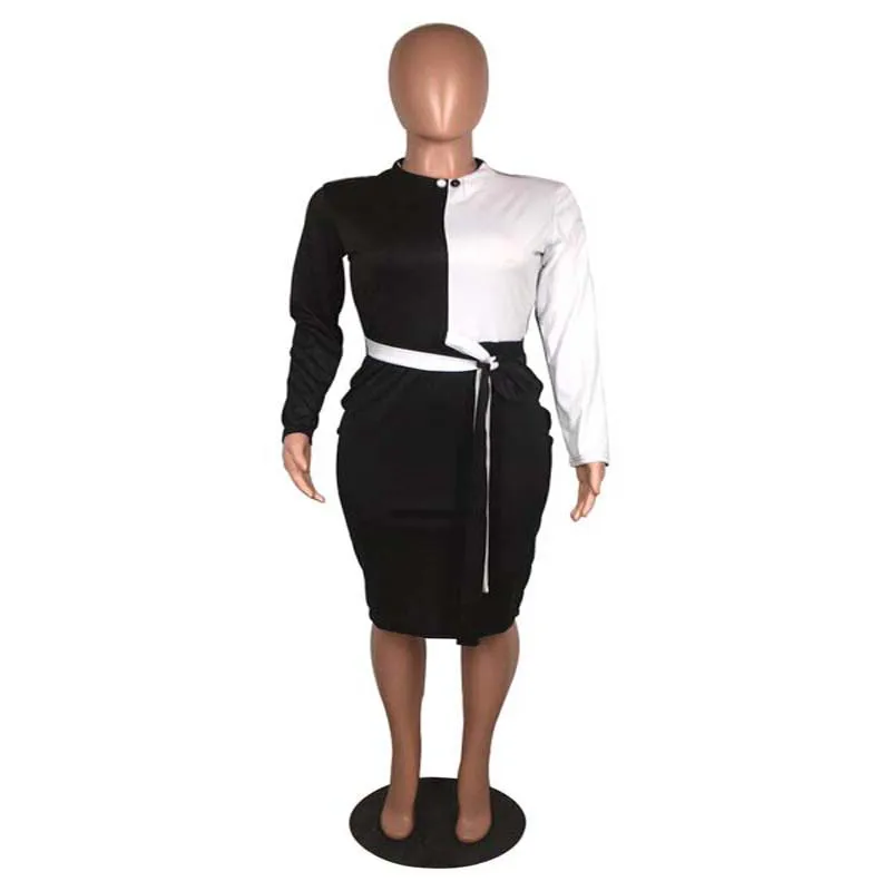 Африка одежда мода сплайсированные молнии с длинным рукавом по колено платье офис леди элегантный тонкий платье бандаж ночной клуб - Цвет: Black