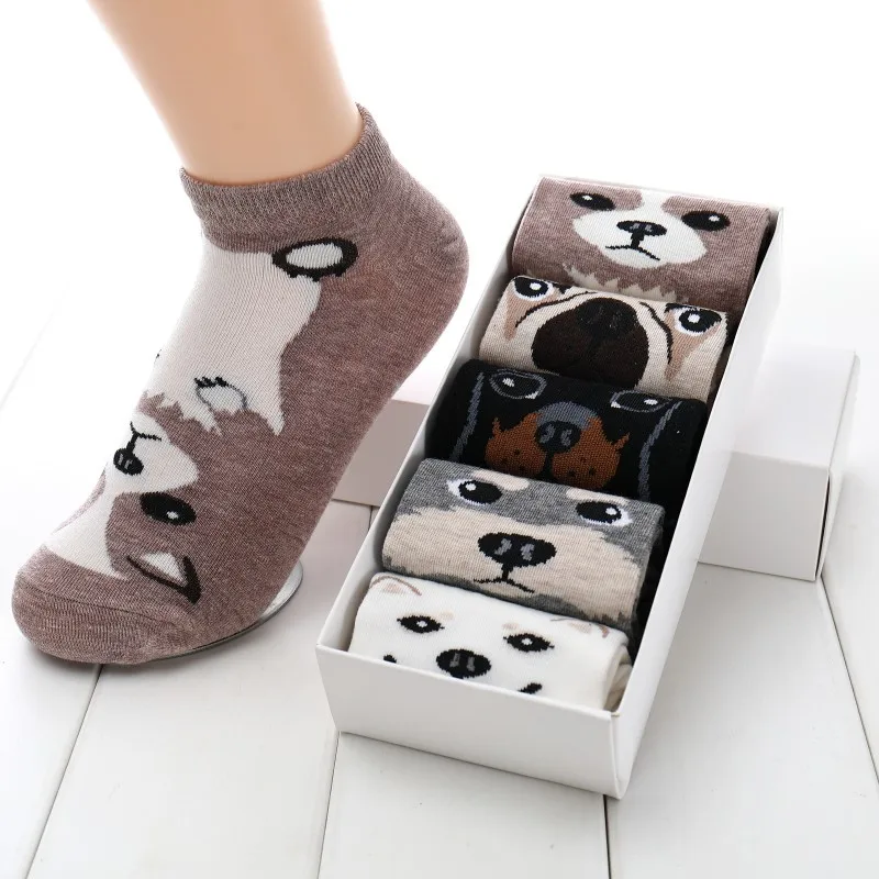 5 Pairs Female Breathable Happy Women Boat Cartoon Animal Pug Dog Girl Boat Socks Cotton Short Socks Funny No Show Sock Slippers