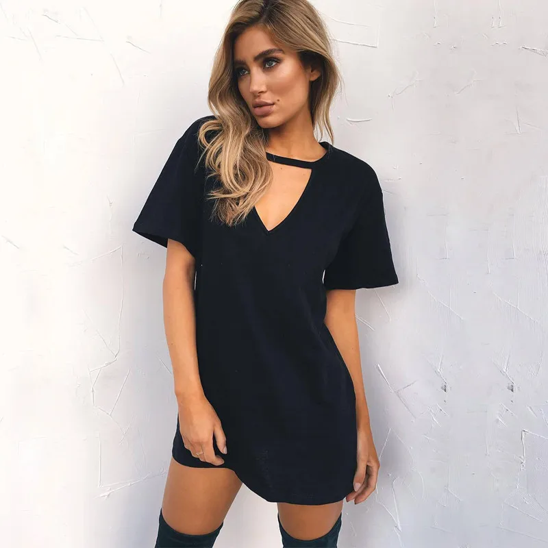 

ZSIIBO sexy V-neck cotton 2018 summer women's solid color casual loose dress female A word short mini dress high quality