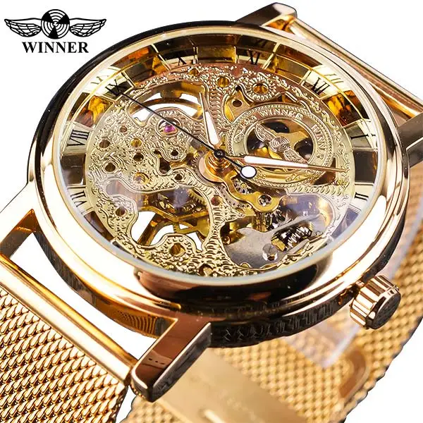 Тонкий чехол Winner, полностью золотой дизайн, Ретро стиль, ажурные часы, сетчатый ремешок, мужские механические часы, Лидирующий бренд, роскошные светящиеся стрелки - Цвет: GMT1111-2Small