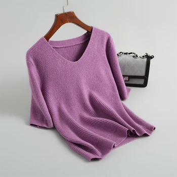 

Autumn Women's Sweater Solid Color Striped Knit V-neck Short Sleeve Sweater