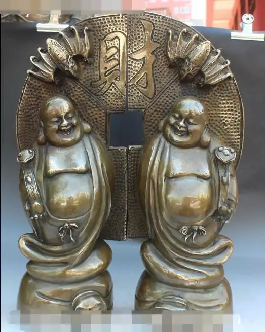 

S5138 20"China Bronze Wealth Mammon Bat Double Happy Laugh Maitreya Buddha Pair Statue