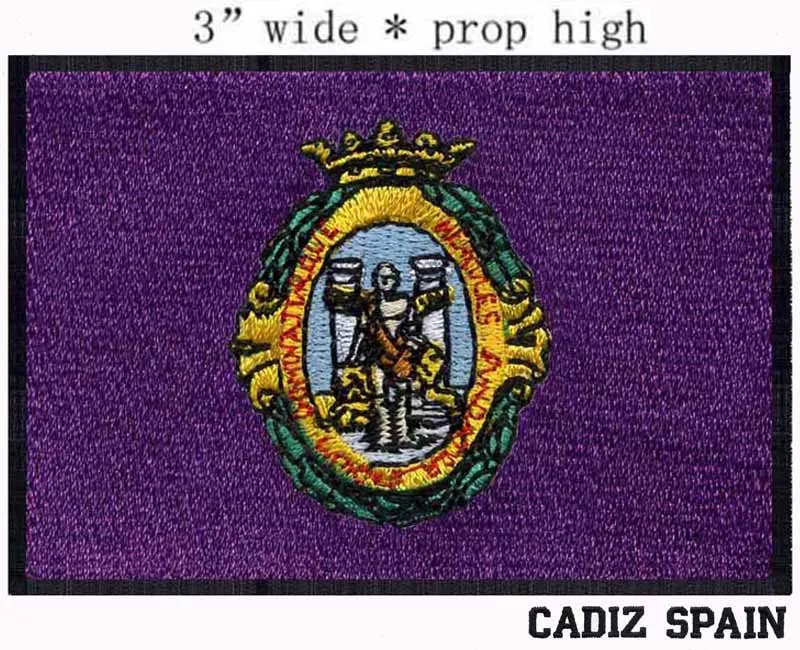 

Cadiz, Spain Flag 3" wide embroidery patch for the black eagle/red buildings/purple patch