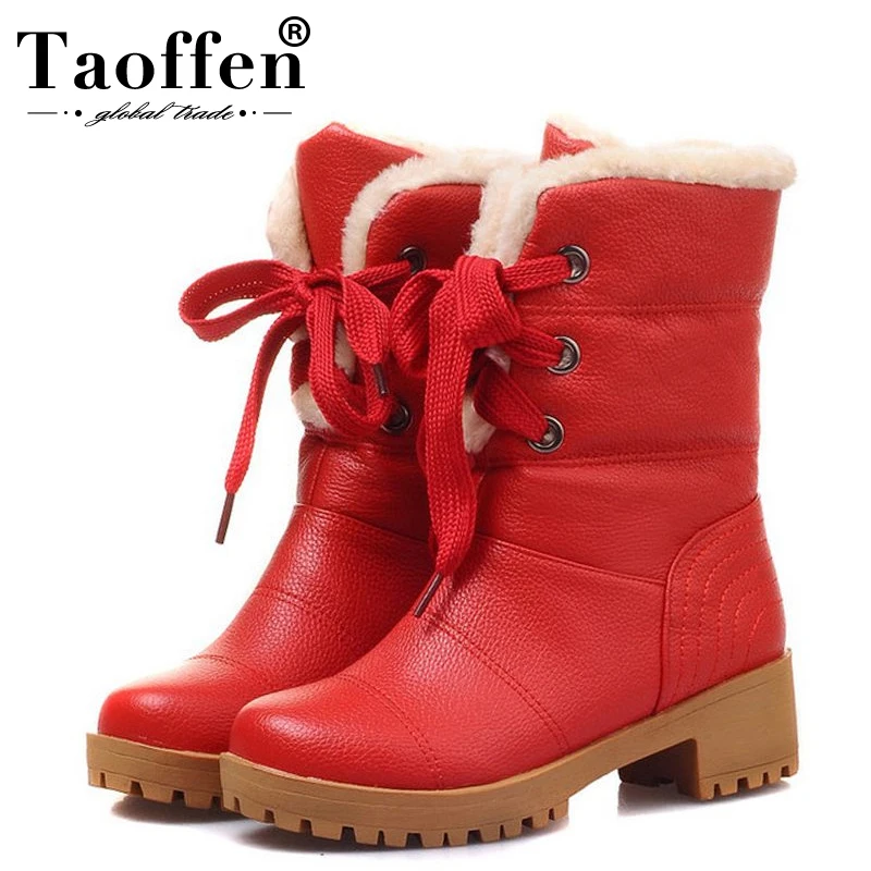 

Taoffen Women Half Short Boots Square Heels Winter Plush Fur Warm Mid Calf Boot Bota Lace-up Gladiator Botas Shoes Size 34-43