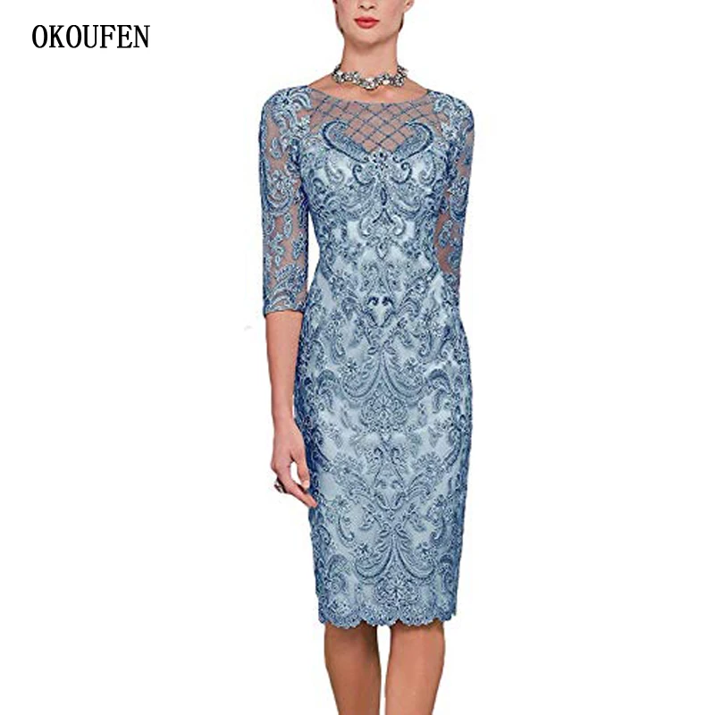 

OKOUFEN Short Mother Of The Bride Dresses for Wedding 2019 Sexy Blue Beading 3/4 Sleeve Lace Mother's Kurti vestido de madrinha