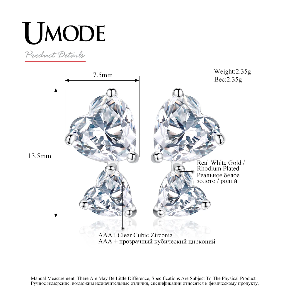 UMODE Trendy Fashion Wedding Jewelry Double Hearts CZ Crystal Stud Earrings for Women Love Gift Boucle D'Oreille Femme AUE0336