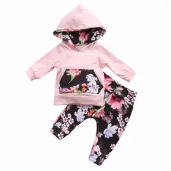 Осень новорожденных детей для маленьких девочек одежда с цветочным рисунком карман с капюшоном топы + Штаны Для Bebe для девочек Смешанный