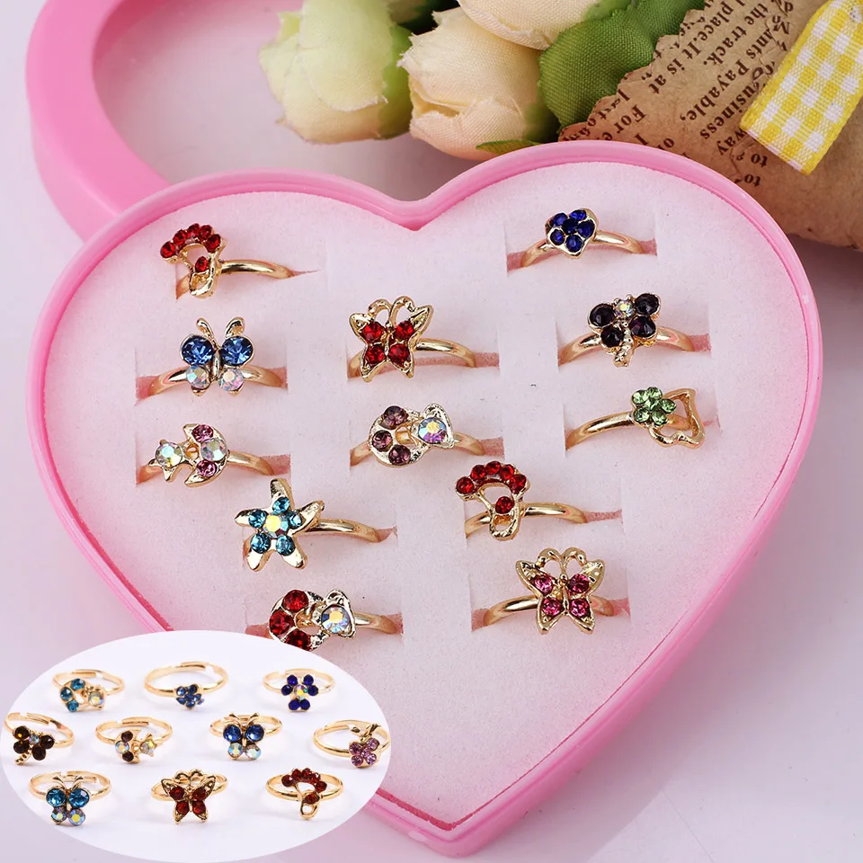 Wholesale 12pcs Mixed Assorted Flower Gold Silver Crystal Adjustable Rings font b Baby b font Kids