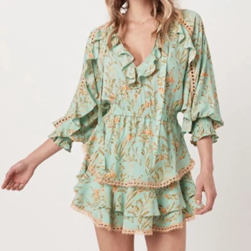

2019 spring and summer new turquoise positioning printing hollow ruffled lace-up women's dress