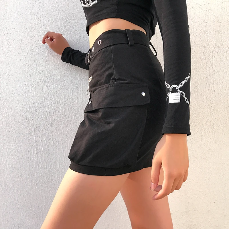 Rapwriter панк стиль ленты на молнии карман выдалбливают Harajuku черная юбка для женщин Лето Империя Bodycon Мини юбка пояс Saias