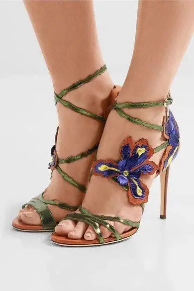 

Latest European Fashion Women'S Peep Toe Cross Tied Gladiator Sandals High Heel Summer Colorful Flower Ankle Strappy Party Shoe