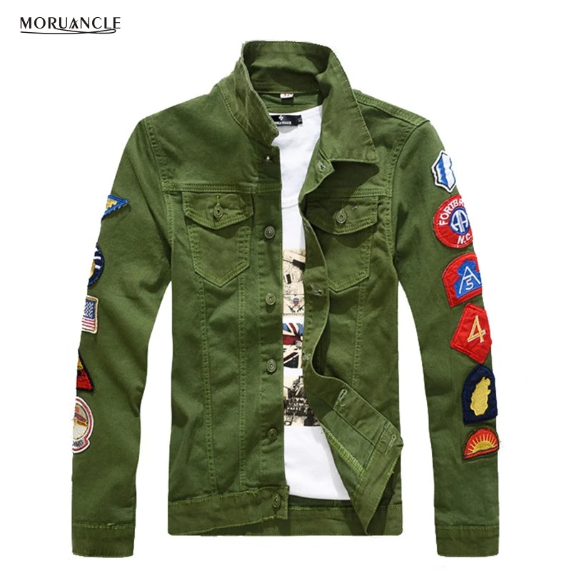 

MORUANCLE New Fashion Mens Denim Jackets With Patches Slim Fit Jean Jacket For Male Size M-XXXL Green White Turn Down Collar