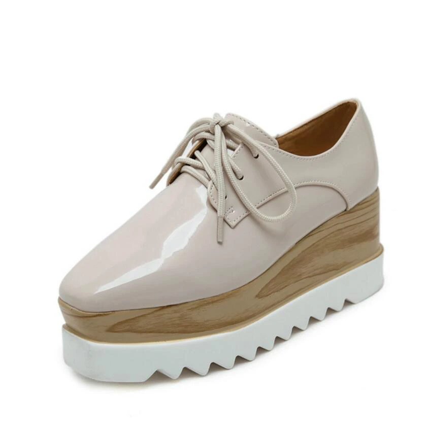 

European Famous Brand Brogue Shoes Woman Spring Japanned Leather Oxford Platform Shoes Lace-Up Creepers Bullock Derby Flats