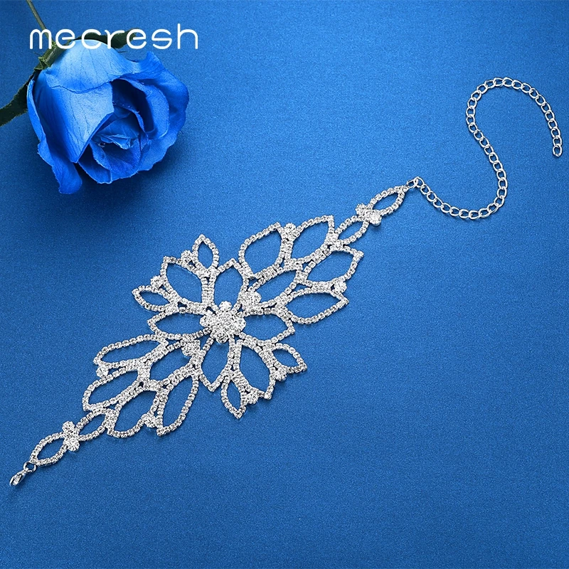 Mecresh Silver Color Crystal Bracelets for Women Floral Bridal Ankle Bracelets & Bangles Wedding Engagement Jewelry SL009