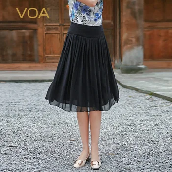 

VOA Classic Pleated 100% Silk Skirt 2017 Summer New Style Black Middle Women Skirt C332