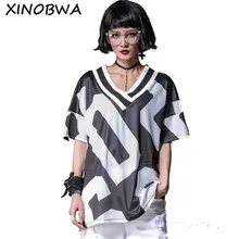 Американская Женская модная футболка летние новые с коротким рукавом сексуальные v-образным вырезом геометрические личности хип-хоп блузы больших размеров футболки