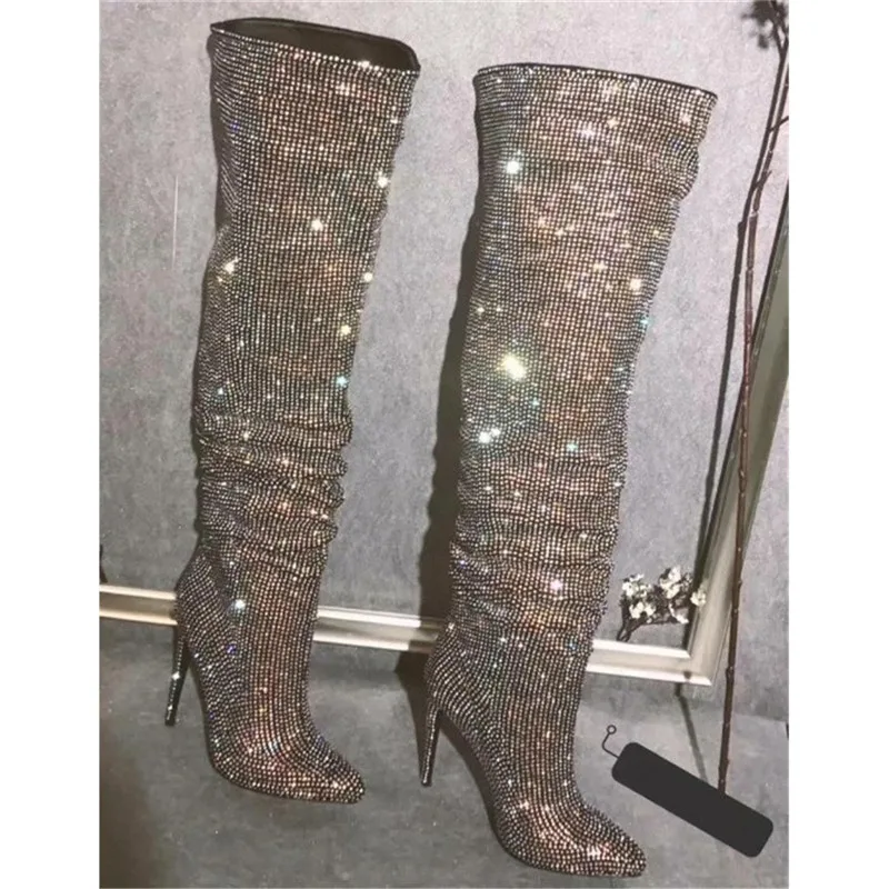 Дизайн Для женщин модные острый носок Bling Сапоги выше колена; сапоги со стразами с украшением в виде кристаллов длинные, с высоким каблуком; роскошные ботинки шпильки сапоги
